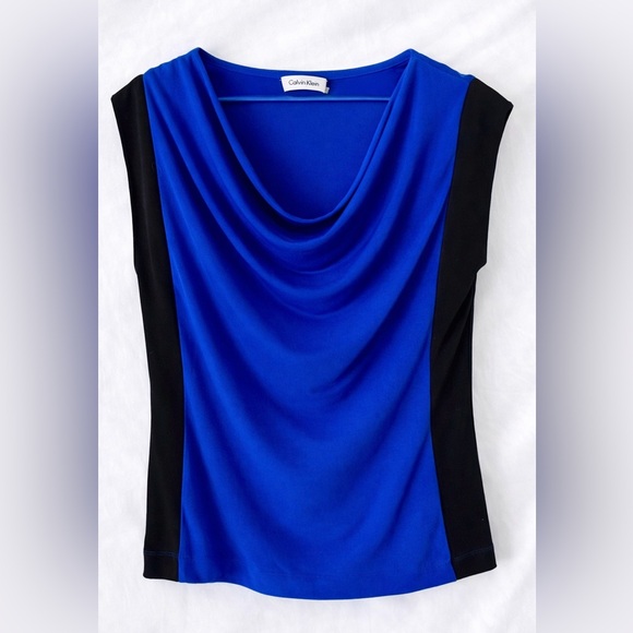Calvin Klein Tops - Calvin Klein Blue & Black Colorblock Draped Blouse Size M
